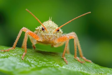 Fototapeta premium A small bug sits on the edge of a green leaf, surrounded by natural foliage