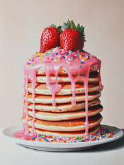 Delicious stack of pancakes with pink glaze, strawberries and colorful sprinkles on top
