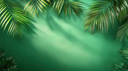 Fototapeta premium Tropical Green Paradise: Lush Palm Leaves and Shadows on Emerald Background