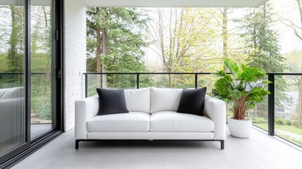 Modern white sofa on balcony, tree backdrop, spring
