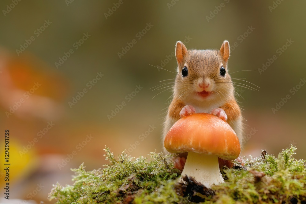 Poster a small squirrel perched on top of a mushroom in a forest