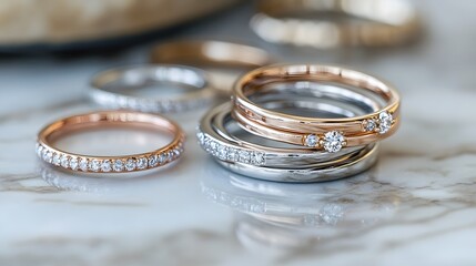 A set of delicate silver and rose gold stacking rings with subtle gemstones placed on a marble countertop