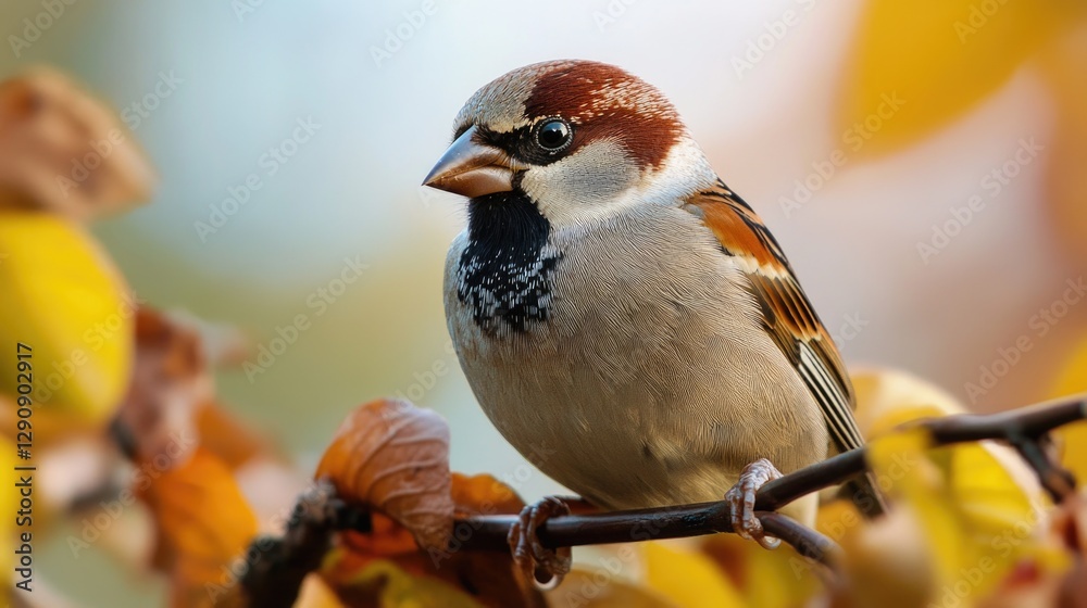 Poster A small bird perched on a branch of a tree, its feathers fluffed up