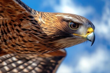 A close-up shot of a bird of prey's face, with sharp talons and piercing eyes