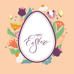Happy Easter Banner, a Greeting Card with Easter egg shape colorful spring flowers, tulips and butterflies. Easter Holiday Card Vector Illustration