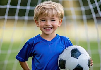 Happy child playing soccer on a school field, wearing a blue jersey and holding a ball. Kids' sports activity during summer vacation.