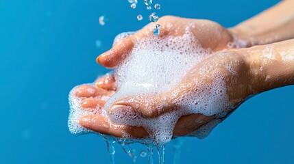 Fototapeta premium Food safety hygiene concept, Hands holding bubbles against a blue background, depicting cleanliness and freshness.