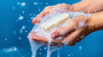 Fototapeta premium Food safety hygiene concept, Hands holding a bar of soap surrounded by bubbles, set against a blue background.