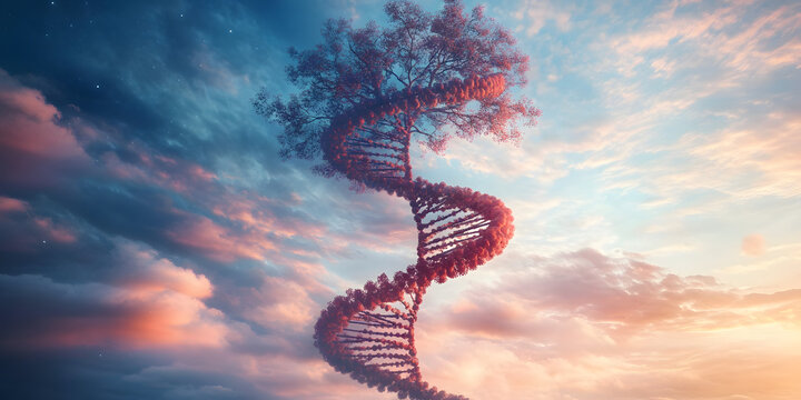 Innovative epigenetic inheritance pathways weaving molecular history into future generations showing swirling DNA tree of life against an ethereal sky
