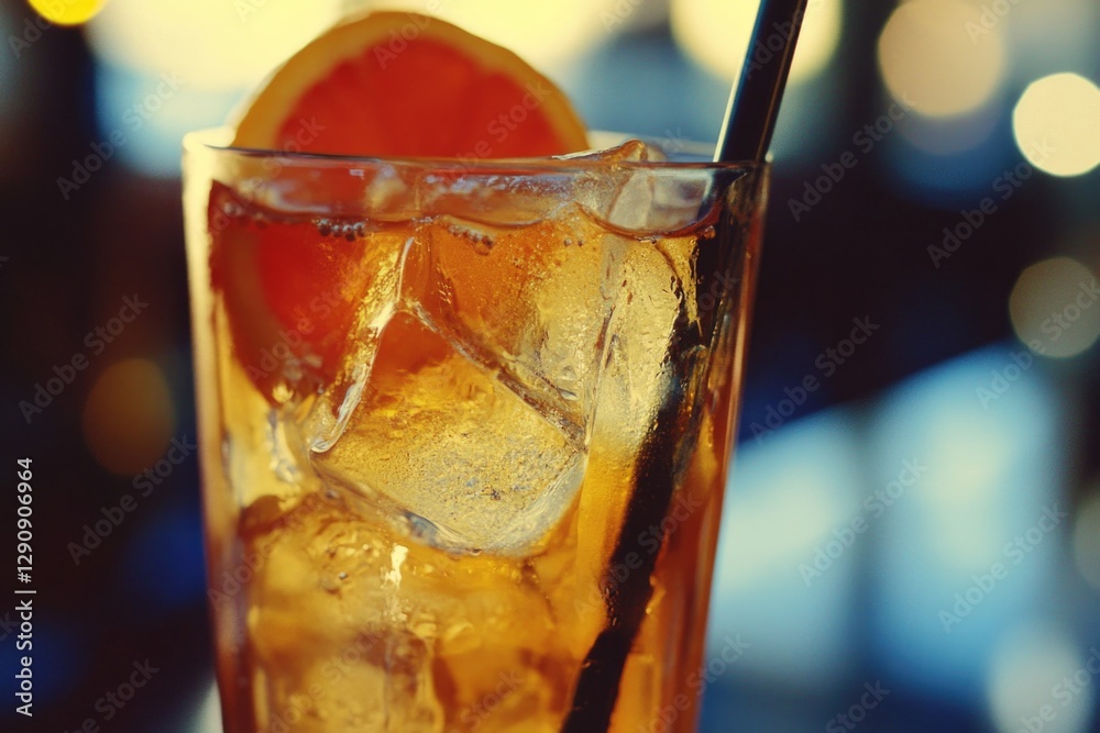 Poster a refreshing beverage with ice cubes and a slice of orange, perfect for hot summer days