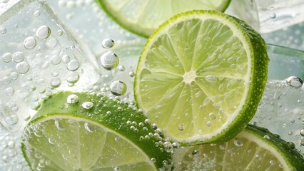 Invigorating Citrus Splash: The close-up captures the refreshing essence of a cool beverage, with slices of zesty lime suspended amid effervescent bubbles and ice cubes