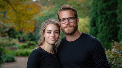 Obraz premium Couple portrait, autumn garden, embracing, relaxed
