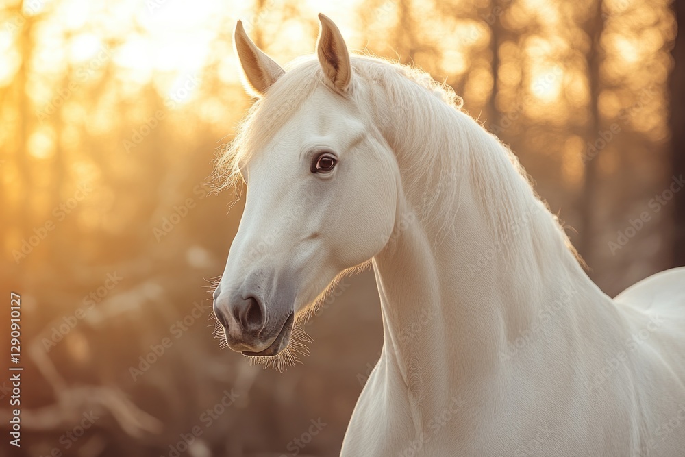 Aufkleber a single white horse grazing in a green field with trees in the background