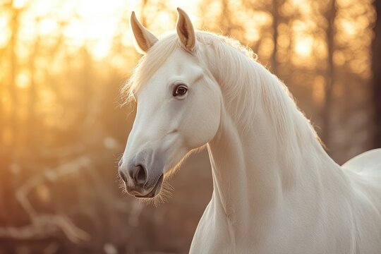 A single white horse grazing in a green field with trees in the background