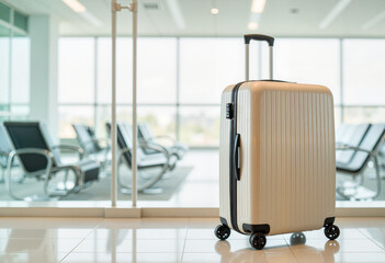 Sleek suitcase in modern airport terminal, seamless travel elegance