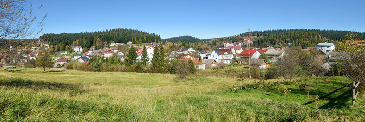 View towards neighborhood Stav from Panteleimon park foots, Skhidnytsia, Ukraine.