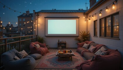 A charming rooftop terrace is transformed into a cozy movie night setting under a starlit sky. Colorful cushions surround a rustic table filled with snacks, inviting relaxation