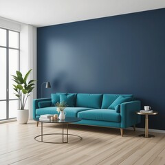 Fototapeta premium A stylish living room showcases a bold teal couch paired with a round coffee table. Sunlight streams through large windows, illuminating the green plants and modern decor