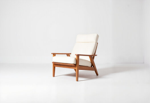 Mid-century lounge chair in white gallery, retro minimalism