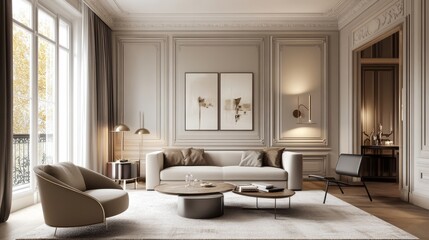 Fototapeta premium Beige modern classic interior with armchairs, coffee tables, moldings, floor lamp and decor. 3d render illustration mockup.