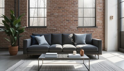 A contemporary living area showcases a sleek, gray sofa adorned with soft cushions, complemented by a minimalist coffee table. Sunlight pours through large windows, enhancing the inviting atmosphere