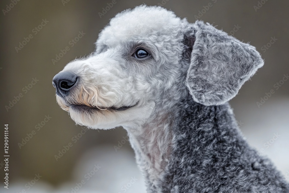 Poster close-up shot of a dog playing or walking in the snowy environment