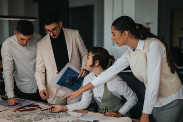 A group of focused business coworkers engaged in a brainstorming session, discussing a project while examining documents in a modern office environment.