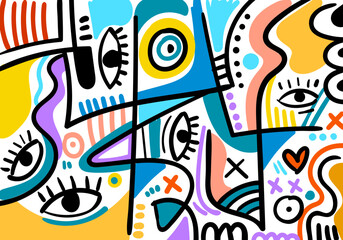 abstract illustration featuring bold colors, geometric shapes, expressive eyes, and dynamic doodles.