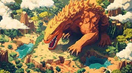Naklejka premium Fierce Prehistoric Dinosaur Creature Emerging from Fantastical Isometric Jungle Landscape