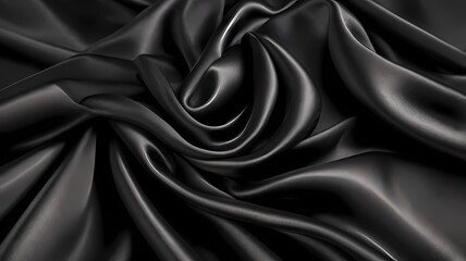 Fototapeta premium A hyper-realistic close-up of luxurious black silk fabric with soft folds and highlights. The smooth texture and subtle sheen create an elegant and sophisticated background for high-end product presen