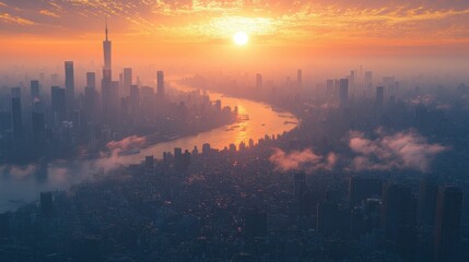 Fototapeta premium Spectacular Sunrise Over Modern Metropolis with River, Aerial View, Generated AI