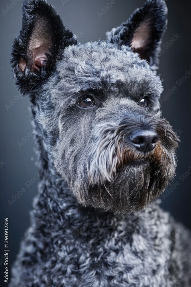 Poster a close-up shot of a dog's face against a dark background, suitable for use in pet-related or photog