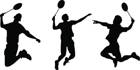 Set of badminton player silhouette. Male badminton players various action poses against. Isolated on white background. Vector illustration
