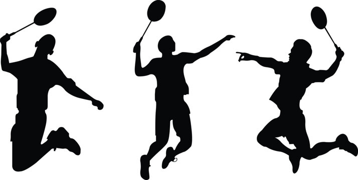 Set of badminton player silhouette. Male badminton players various action poses against. Isolated on white background. Vector illustration