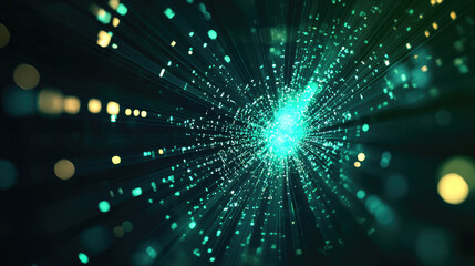 A vibrant, abstract representation of light particles radiating outward, creating a sense of depth and motion against a dark background.