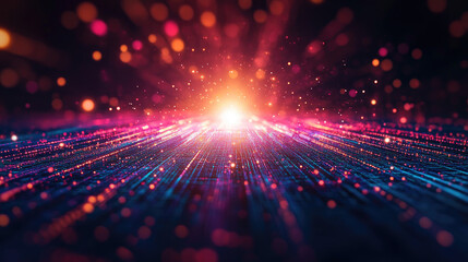 Naklejka premium A vibrant burst of light surrounded by colorful particles, creating a sense of depth and motion in a digital landscape.