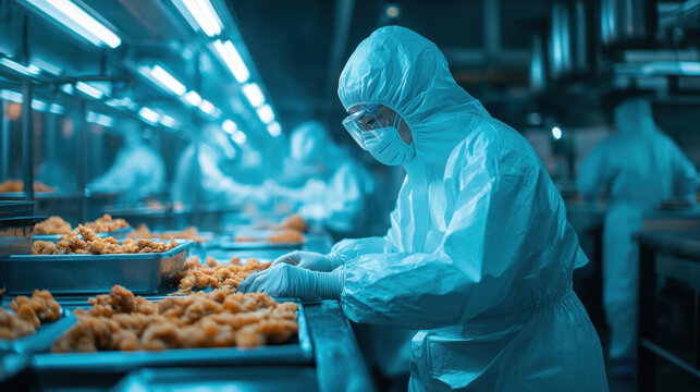Workers in protective gear inspect food items on a production line in a factory, emphasizing safety and efficiency in processing