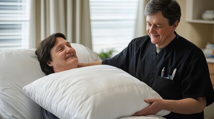 Obraz premium Doctor comforts elderly patient in bed. Shows compassionate care in healthcare setting.