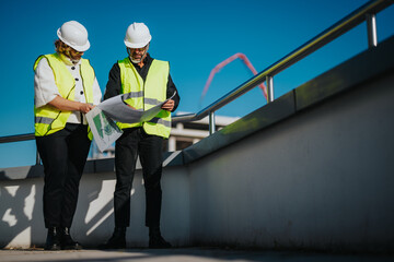 Two architects wearing safety gear review construction plans on site. The image highlights...
