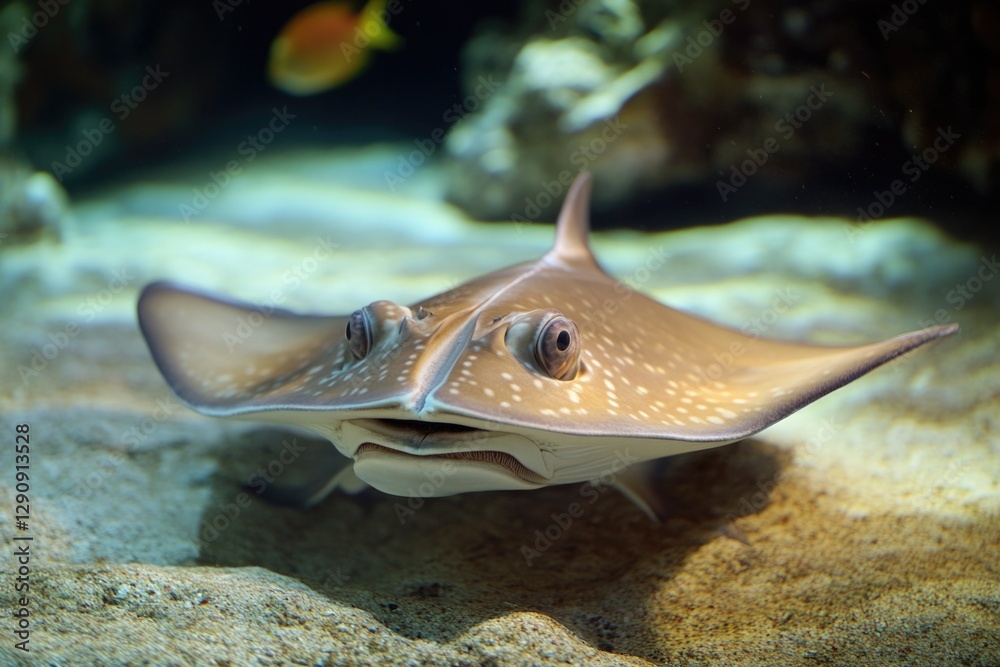 Poster a close-up view of a stinger fish swimming in an aquarium, with a clear glass wall separating it fro