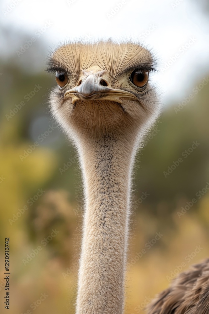 Poster close-up of an ostrich looking directly at the camera, with a blurred background