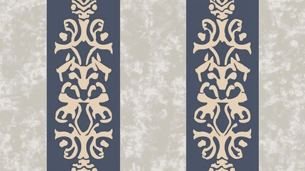 Elegant Damask Pattern Beige and Blue Vertical Stripes on Textured Background