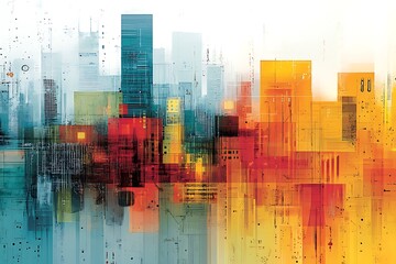 An abstract depiction of a cityscape with colorful architectural elements