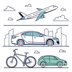 Modern Transportation Vector Illustration | Cars, Planes & Bicycles in a Clean Minimalist Design