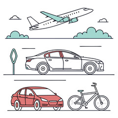 Naklejka premium Modern Transportation Vector Illustration | Cars, Planes & Bicycles in a Clean Minimalist Design