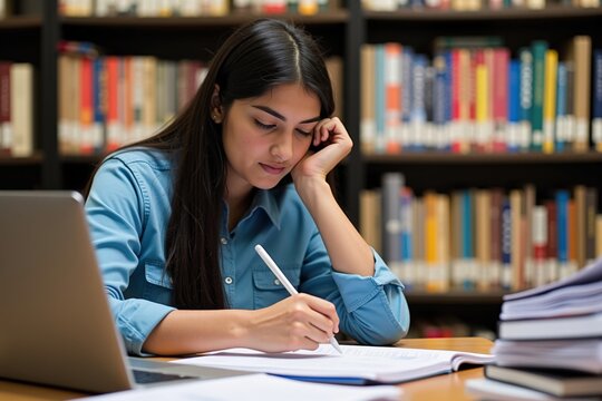 A focused young South Asian woman studying diligently in a library, surrounded by books and her laptop, embodying academic dedication and concentration in a quiet learning environment.