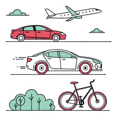 Fototapeta premium Modern Transportation Vector Illustration | Cars, Planes & Bicycles in a Clean Minimalist Design