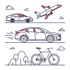 Naklejka premium Modern Transportation Vector Illustration | Cars, Planes & Bicycles in a Clean Minimalist Design