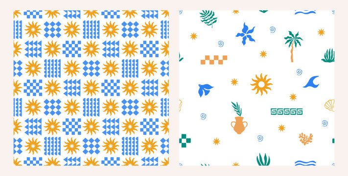 Set of modern summer seamless patterns with palm leaves, flowers, shells, waves and sun. Vector patchwork checkered background. Fabric textile print. Surface cover design.