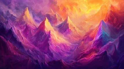 Obraz premium Colorful abstract mountain landscape painting with vibrant hues of purple, orange, and pink. Dreamy sunset over majestic peaks, inspiration for art and design.